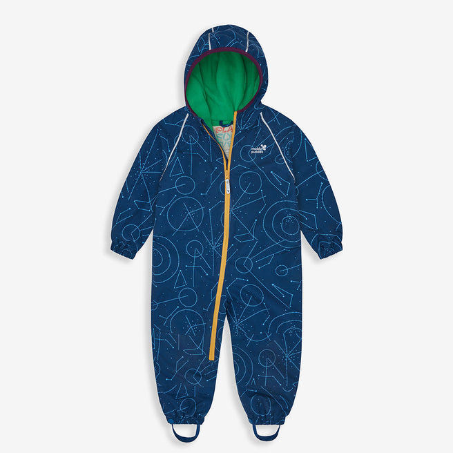 EcoSplash Waterproof Fleece Lined Puddle Suit Navy: A blue puddle suit with constellation patterns, fleece-lined hood, and yellow zip on a white background.